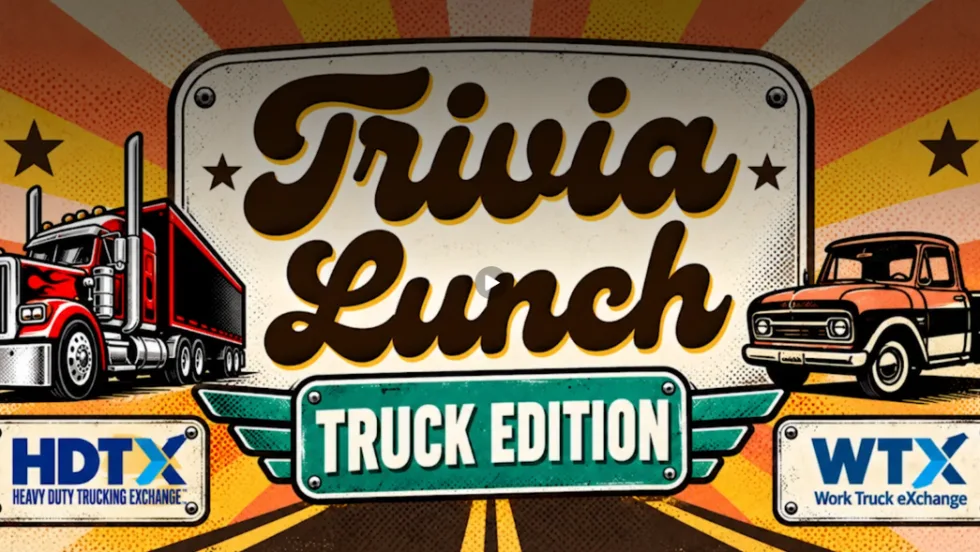 Graphic art with a heavy-duty tractor trailer and a work truck with the words "trivia lunch"