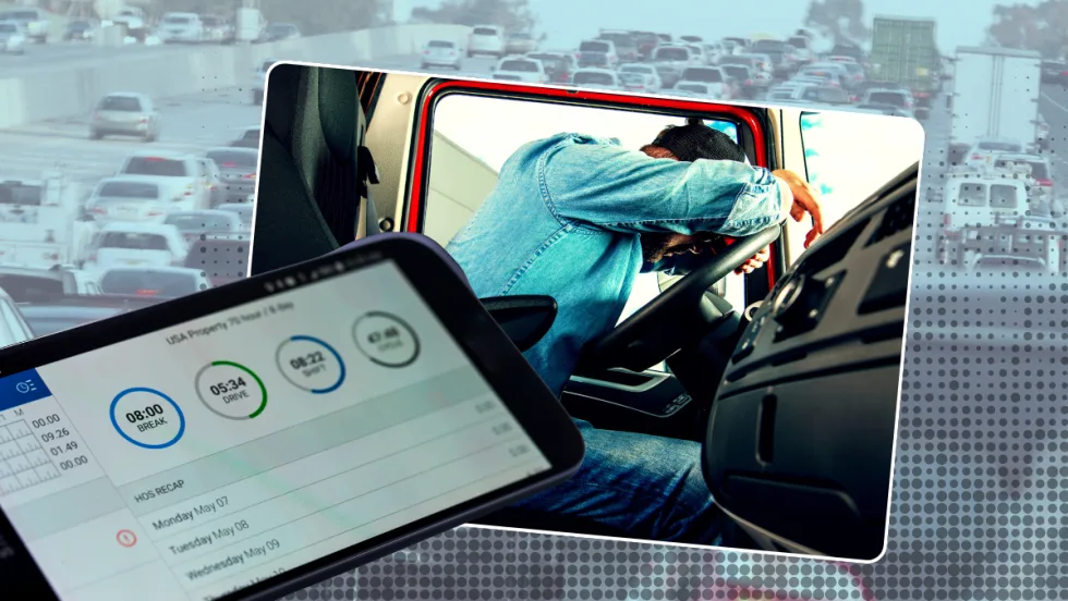 Illustration of tired truck driver, electronic logging device, and traffic congestion