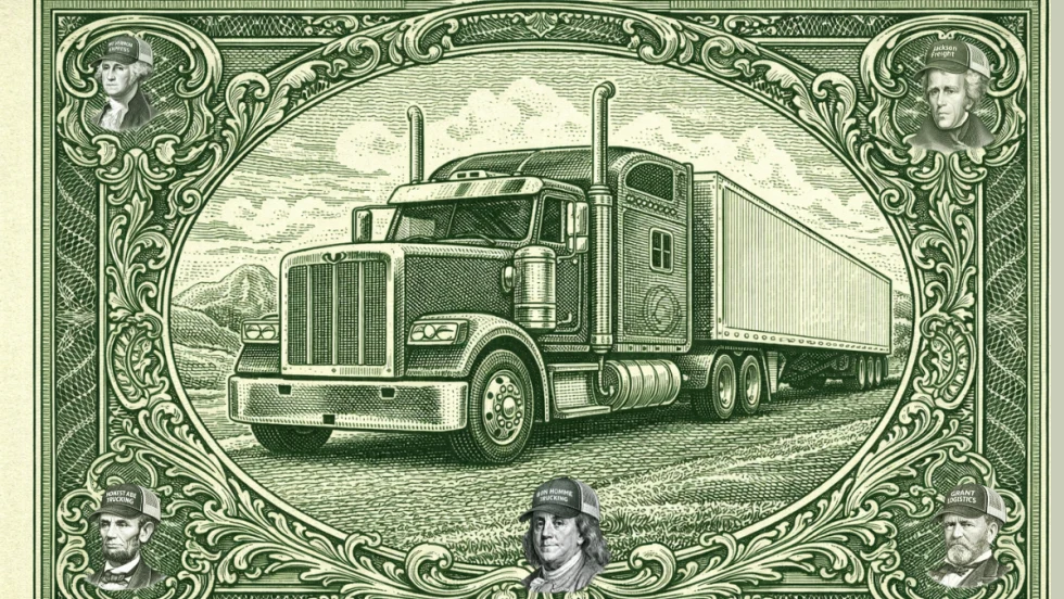 Illustrated semi truck framed like a dollar bill, symbolizing the trucking industry’s role in the U.S. economy and freight movement.