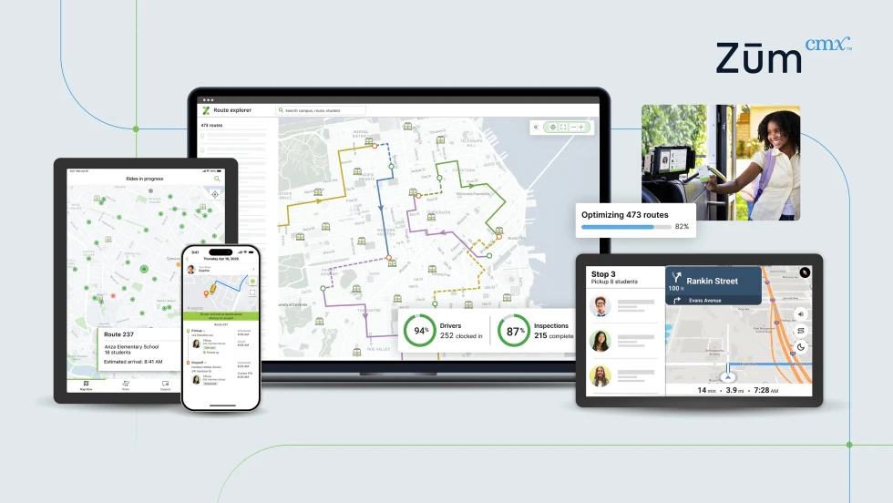 Zūm CMX student transportation platform shown across a laptop, tablet, smartphone, and in-vehicle display, featuring route planning, optimization, student pickup, and driver navigation tools.