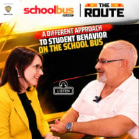 School Bus Fleet’s The Route podcast thumbnail featuring host Amanda Huggett and guest Sam Freshner, with the headline “A Different Approach to Student Behavior on the School Bus” over a yellow school bus background.