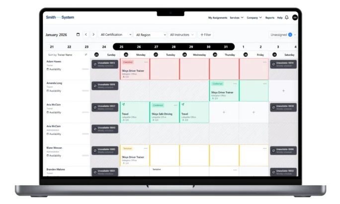 Laptop screen displaying a calendar for scheduling driver safety training.