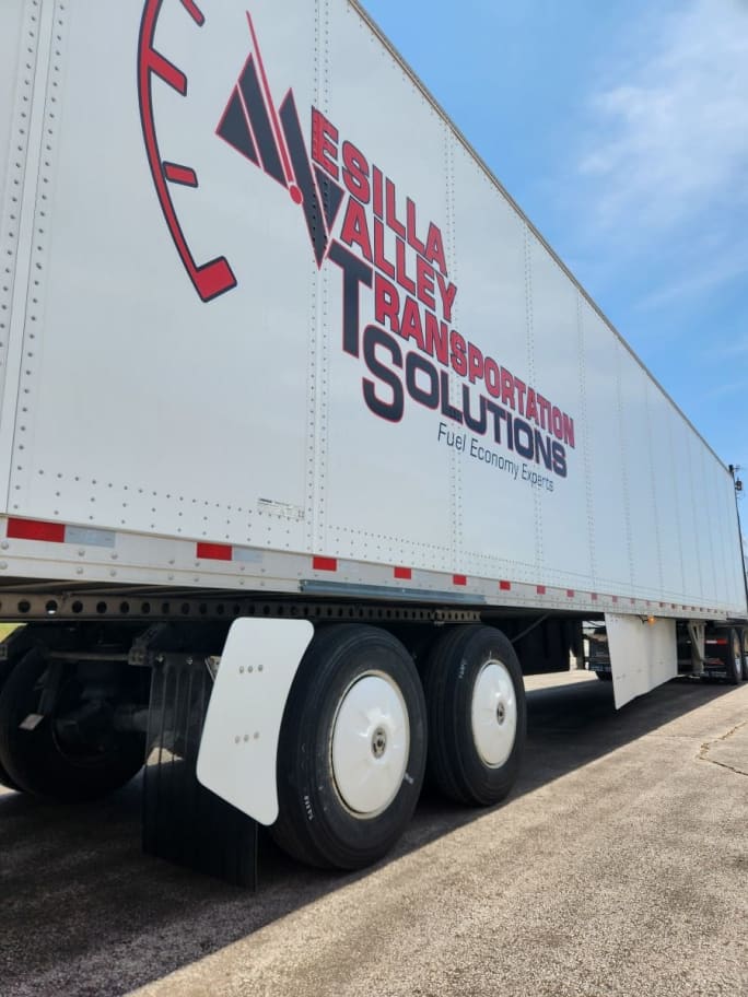 MVT Solutions test trailer equipped with FlowBelow AeroSlider rear fairings, wheel covers and trailer side skirts.