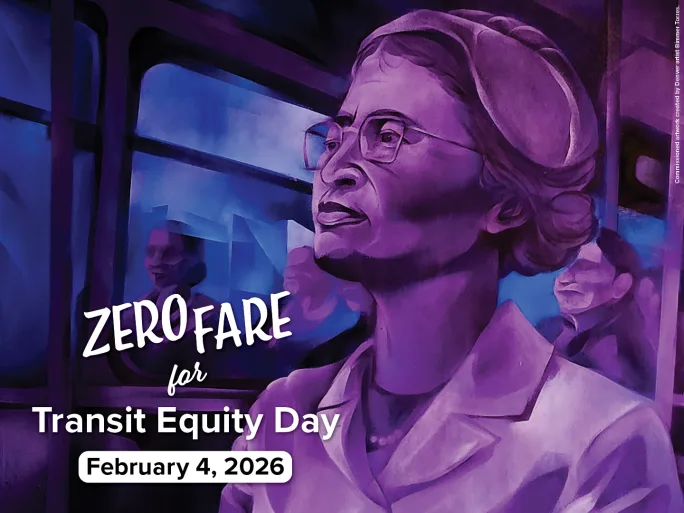 Purple artwork of Rosa Parks riding on public transit by Bimmer Torres.