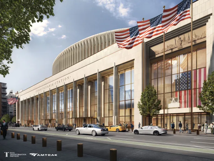 Amtrak New York Penn Station rendering with slight view of Madison Square Garden