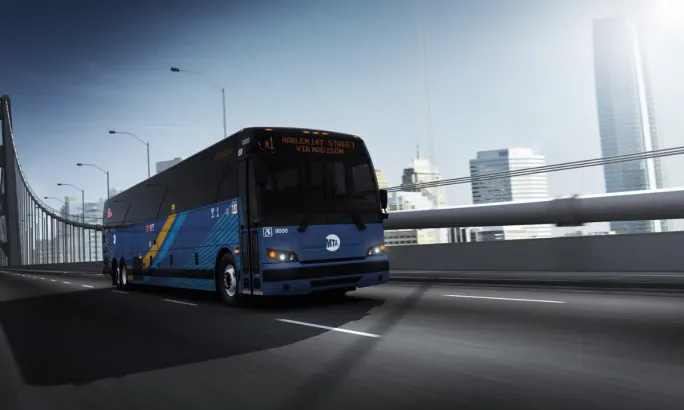A rendering of a blue Prevost New York motorcoach.