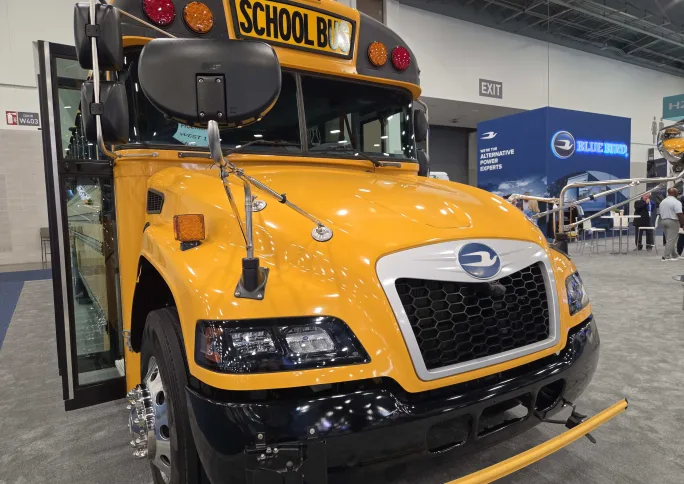Blue Bird bus closeup at ACT Expo