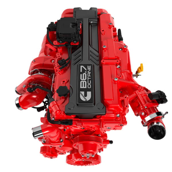 Red Cummins B6.7 Octane gasoline engine shown against a white background.