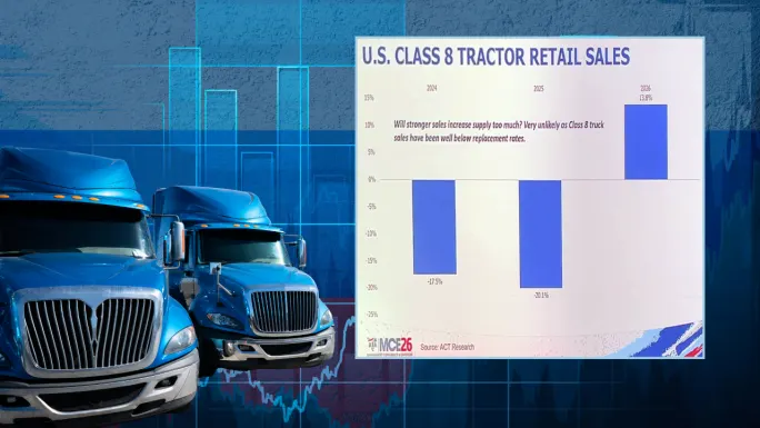 Two blue tractor-trailers beside a chart showing U.S. Class 8 tractor retail sales declining in 2024 and 2025, with a projected 13.8% increase in 2026.