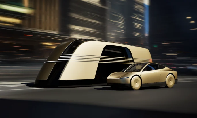 Illustration of Tesla Cybercab next to futuristic commercial transport