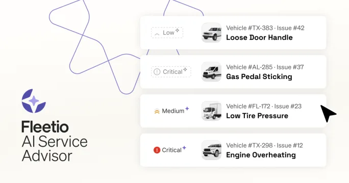 A purple and white Fleetio graphic with Service Advisor alert examples.