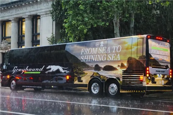 An America 250 Greyhound vehicle.