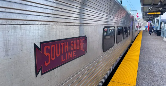 An up-close look at a South Shore Line railcar vehicle.