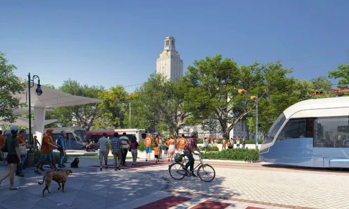 A rendering of Austin Transit Partnership's light rail plans within a community.