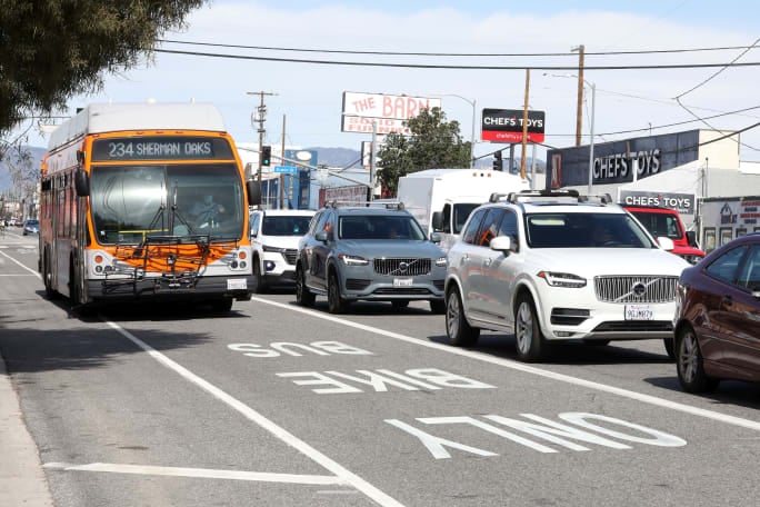 An LA Metro bus on a congested Los Angeles corridor.