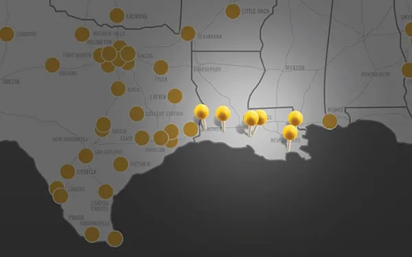 U.S. map of Rush Truck Center locations highlighting the new Louisiana acquisitions