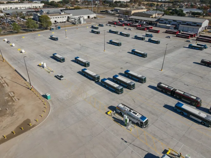 An overhead shot of CapMetro's bus yard in Austin, Texas
