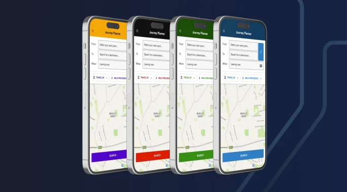 Four smartphones display different agency-branded versions of Masabi’s Passenger journey-planning app, each showing route search options and a transit map.