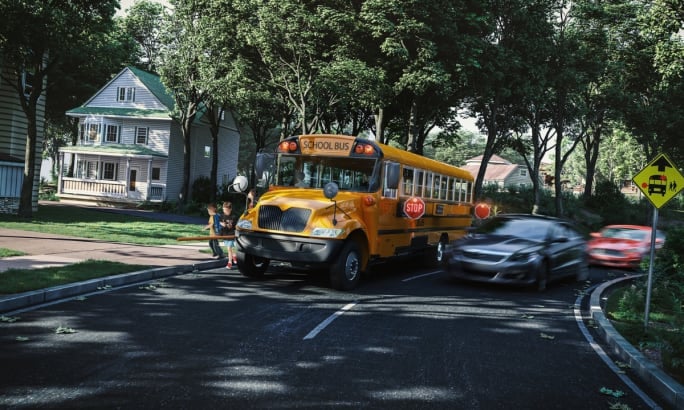 Cars passing a school bus while the stop arms are extended and students are unloading.