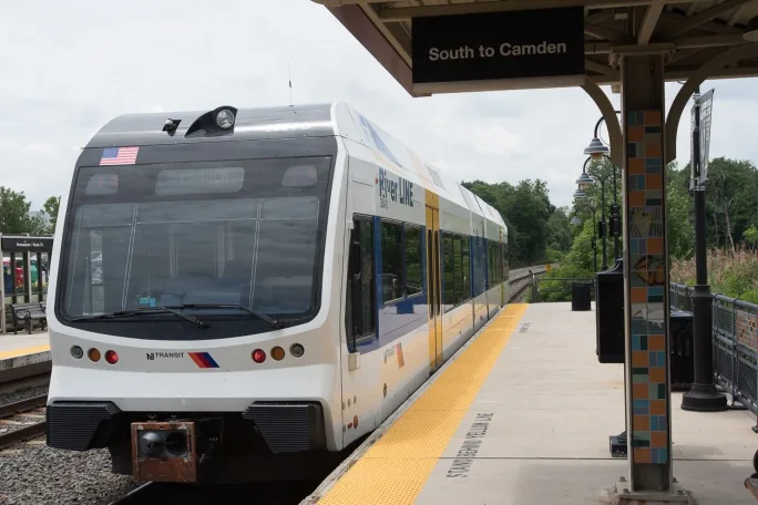 An NJ TRANSIT River Line light rail vehicle.
