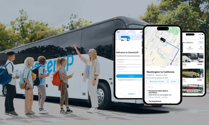 ChartUP promotional graphic featuring students with backpacks boarding a charter bus alongside a teacher, with smartphone screens displaying the CharterUP app's trip tracking, account setup, and bus booking features.