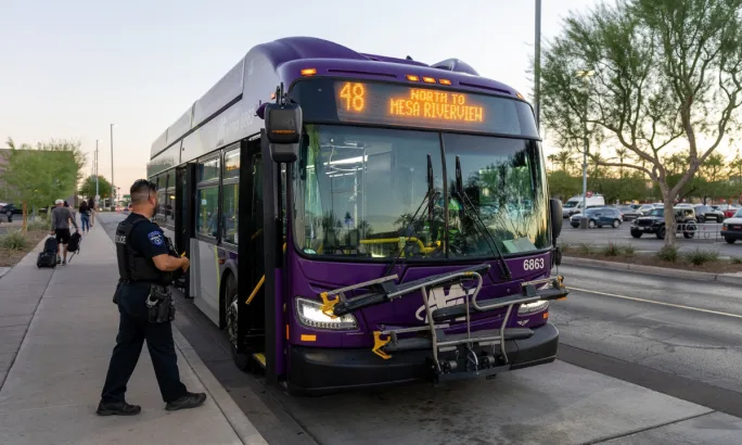 A Tempe Police officer stands beside a Valley Metro Route 48 bus during a Tempe Hope outreach effort.