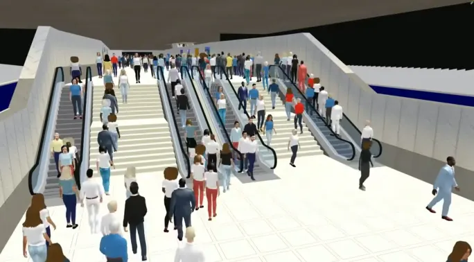 A simulation of pedestrian traffic in a rail station.
