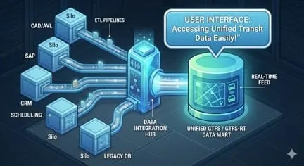 An infographic showing a network of cubes all connected to data hub which then feeds to a user interface showing map and vehicles.