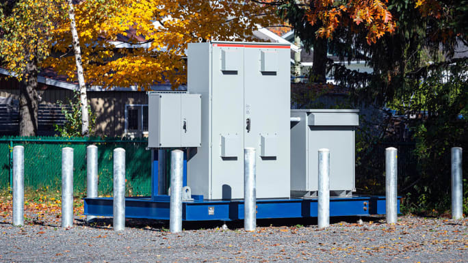 ABB compact secondary substation skid-mounted power distribution unit used for EV fleet charging infrastructure projects.