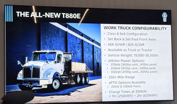 Presentation slide showing Kenworth T880e configuration and specs 