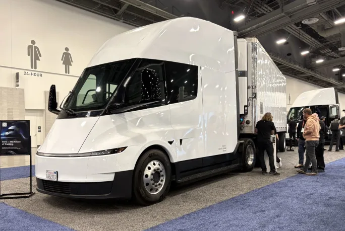 White Tesla Semi truck on exhibit hall