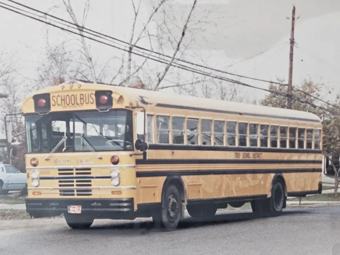 A 1980 Blue Bird school bus from Troy School District.