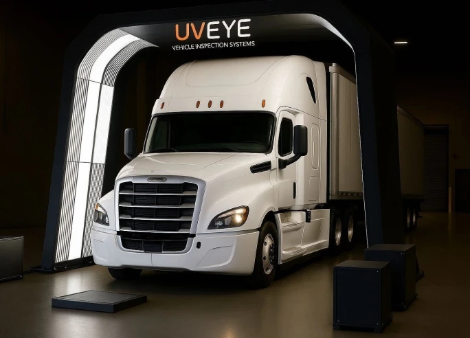 White tractor-trailer driving through UVEye scanner