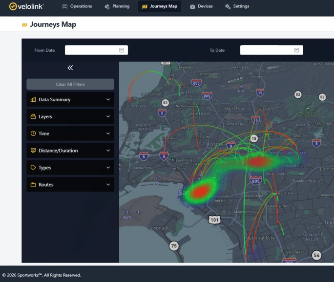 Sportworks Velolink Journeys Map dashboard displaying bicycle transit trip data across the San Diego area, with colored route lines and heat-map activity zones.