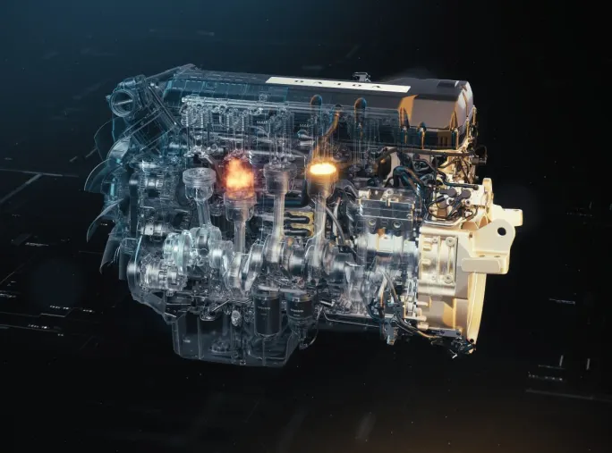 Cutaway illustration of Volvo's D13 engine showing piston combustion