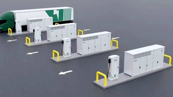 Rendering of electric truck charging at WattEV solid-state transformer facility