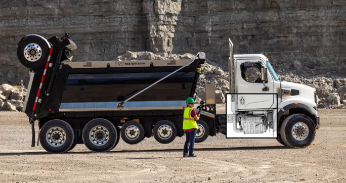 Illustration of Western Star dump truck with aftertreatment system cutaway