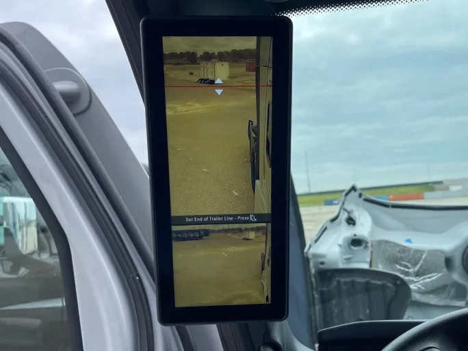 Freightliner MirrorCam rear-view camera screen.