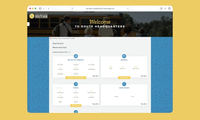 Screen grab showing School Bus Logistics' RouteHub dashboard.