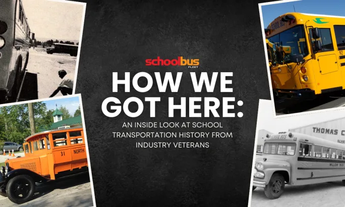 A graphic with multiple versions of school buses and text reading 