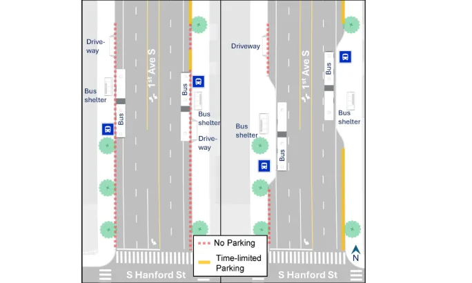 A map detailing bus service changes to First Avenue South located north of South Hanford Street.