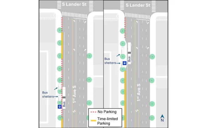 A map detailing bus service changes to First Avenue South located south of South Lander Street