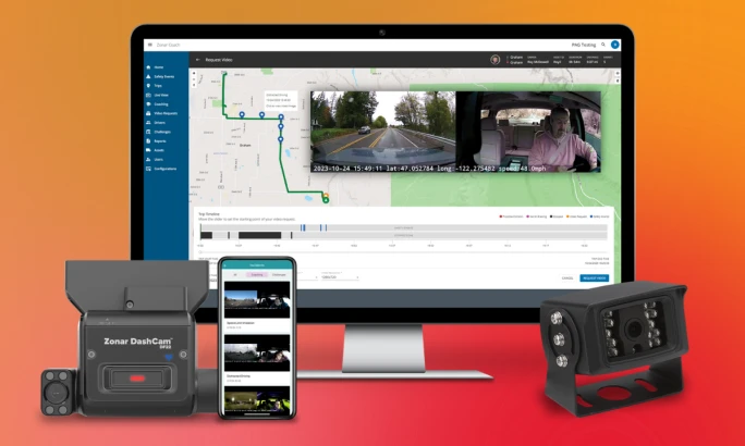A red and orange graphic with Zonar driver monitoring products and programs.