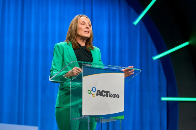 Shelley Simpson, president and CEO, J.B. Hunt, speaking at ACT Expo 2024.