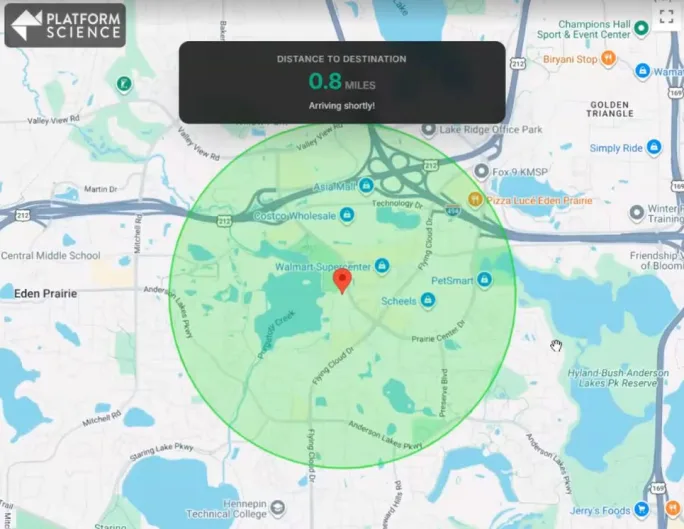  PS Truck Tracker customer map showing a truck 0.8 miles from its destination with an “Arriving shortly” notice.