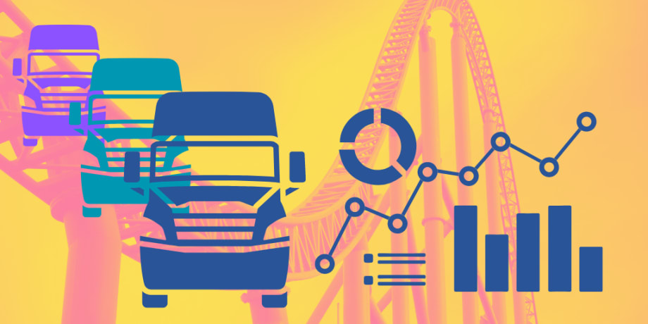 Illustration of rollercoaster, trucks, and data charts and graphs.