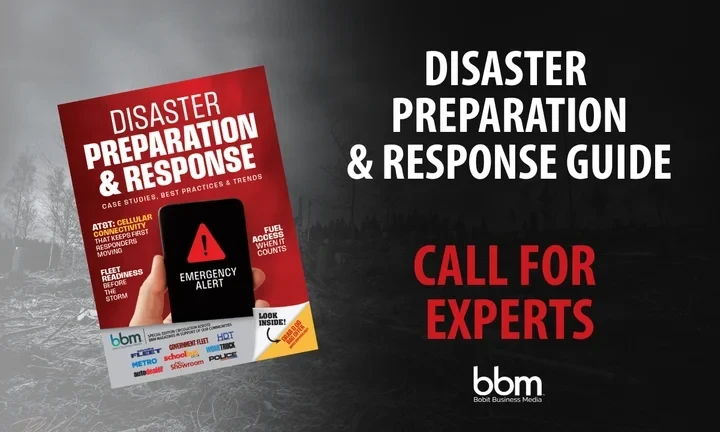 Graphic promoting the Disaster Preparation & Response Guide with a red guide cover, “Call for Experts” text, and Bobit Business Media logo.