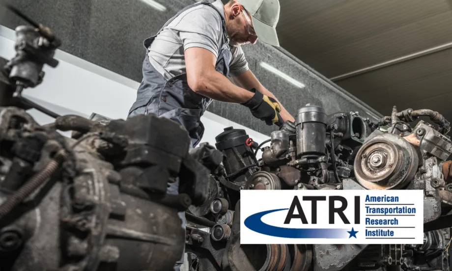 A diesel technician works on a large engine in a repair shop, wearing gloves, safety glasses, and a cap, with the ATRI (American Transportation Research Institute) logo overlayed in the foreground.