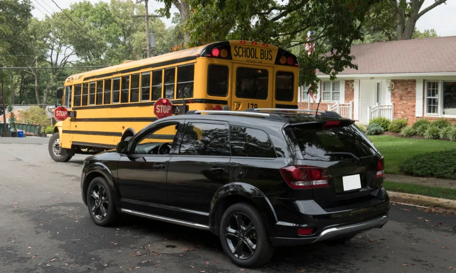 A black SUV stops behind a yellow school bus with its stop arms extended and red lights flashing in a residential neighborhood, indicating children may be boarding or exiting the bus.