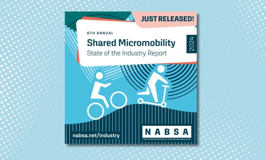 Graphic for NABSA’s 6th Annual Shared Micromobility State of the Industry Report 2024, showing stylized icons of a bicyclist and scooter rider, with text promoting the report release.